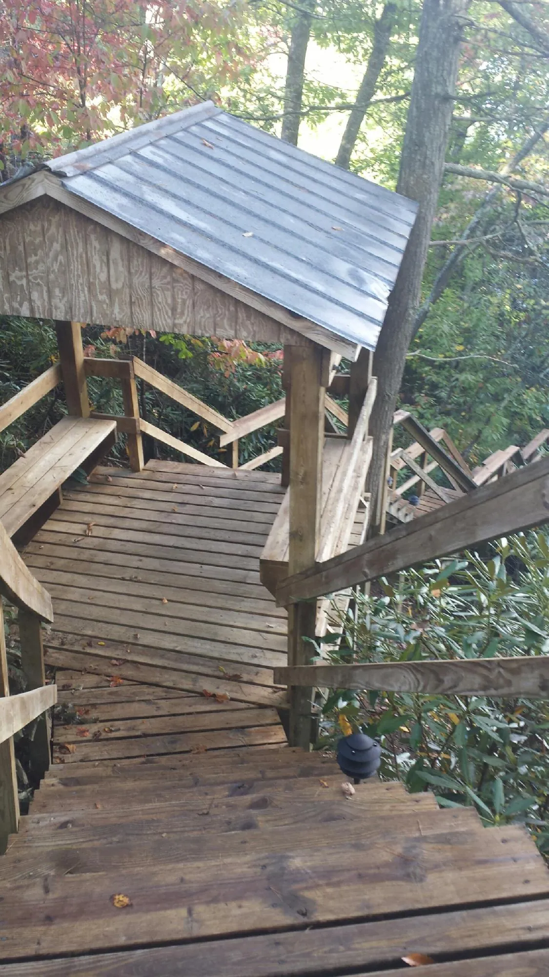 Metal roofed shelter over wooden steps on a wooded walkway — Skylight Repair & Installation work by our crew in Rushmore